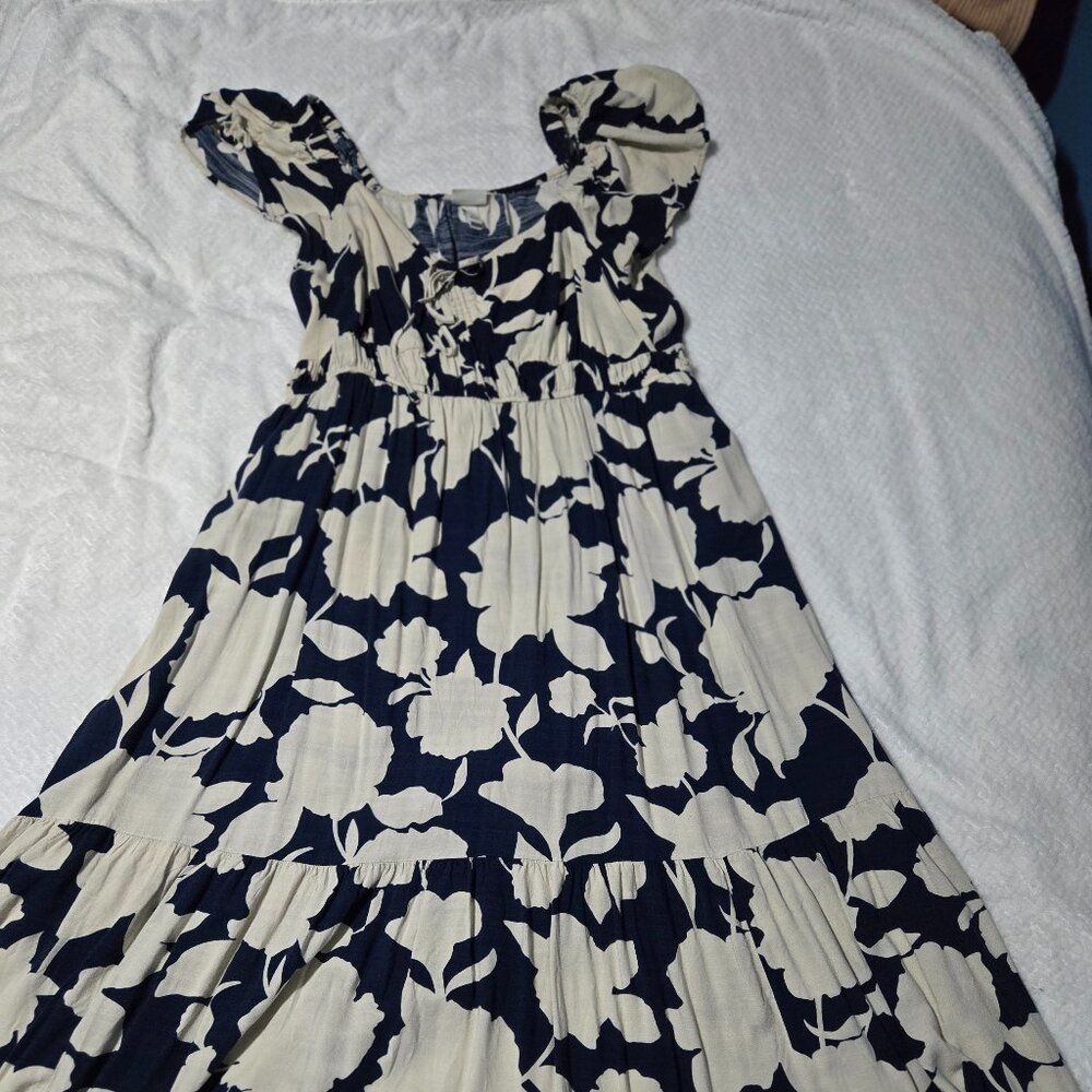 Navy and Cream Flutter sleeve Tiered Floral Maxi Dress